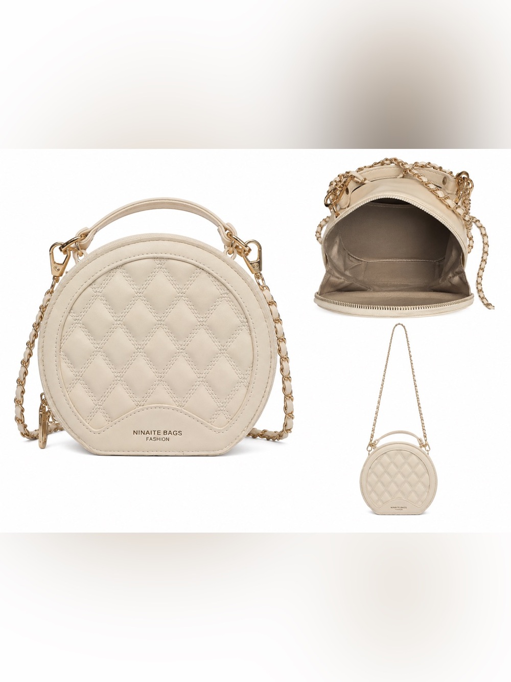 Ninaite Cream Quilted Round Crossbody with Gold Chain